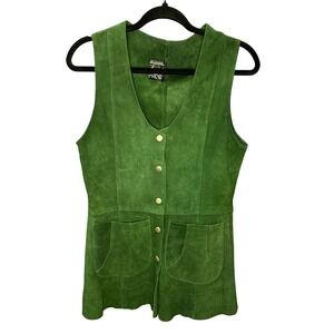 Vintage 70s Green Suede Long Vest Women's Button Front Pockets Size Small